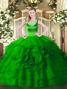 Sweet Green Organza Zipper Quinceanera Dress Sleeveless Floor Length Beading and Ruffled Layers
