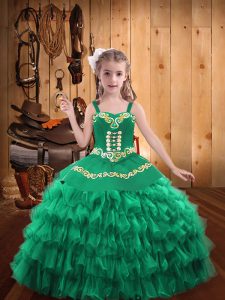 Hot Sale Turquoise Ball Gowns Organza Straps Sleeveless Embroidery and Ruffled Layers Floor Length Lace Up Little Girls 