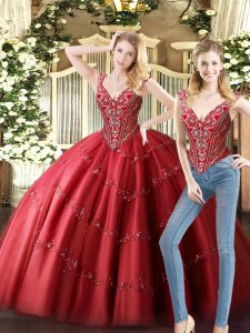 On Sale Sleeveless Floor Length Beading Lace Up Vestidos de Quinceanera with Wine Red
