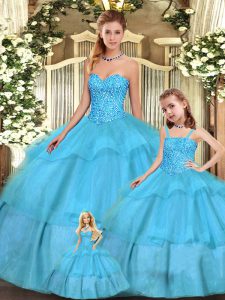 Pretty Beading and Ruffled Layers 15th Birthday Dress Aqua Blue Lace Up Sleeveless Floor Length
