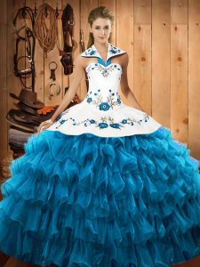 Teal Sleeveless Floor Length Embroidery and Ruffled Layers Lace Up Vestidos de Quinceanera
