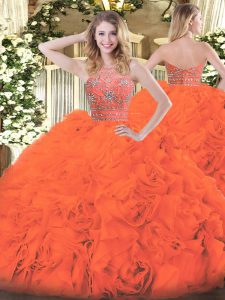 Orange Red Ball Gowns Halter Top Sleeveless Tulle Floor Length Zipper Beading and Ruffles Quinceanera Gowns