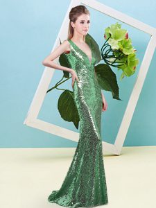 Best Selling Green V-neck Zipper Sequins Prom Gown Sleeveless