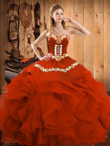 Eye-catching Rust Red Ball Gowns Satin and Organza Sweetheart Sleeveless Embroidery and Ruffles Floor Length Lace Up Qui