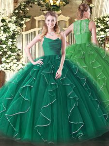 New Style Sleeveless Organza Floor Length Zipper 15 Quinceanera Dress in Dark Green with Ruffles
