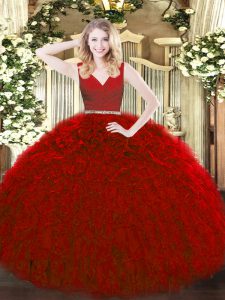 Red V-neck Neckline Beading and Ruffles Quinceanera Gowns Sleeveless Zipper