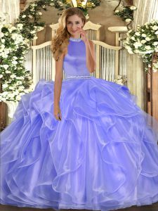 Captivating Floor Length Lavender 15th Birthday Dress Organza Sleeveless Beading and Ruffles