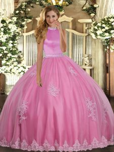 Smart Rose Pink Tulle Backless Halter Top Sleeveless Floor Length Quinceanera Dresses Beading and Appliques