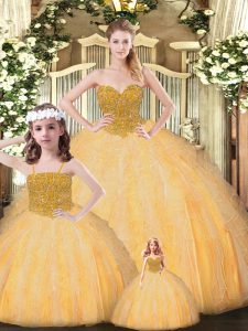 Fine Gold Quinceanera Dress For with Beading Sweetheart Sleeveless Lace Up