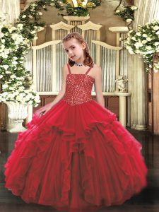 Floor Length Red High School Pageant Dress Organza Sleeveless Beading and Ruffles