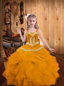 Floor Length Lace Up Child Pageant Dress Gold for Party and Sweet 16 and Quinceanera and Wedding Party with Embroidery a