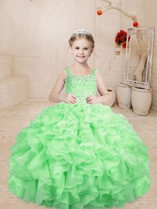 Apple Green Straps Lace Up Beading and Ruffles Kids Pageant Dress Sleeveless