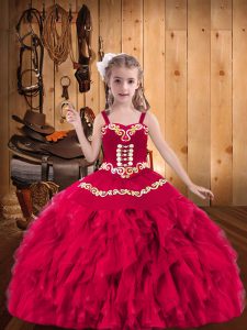 Coral Red Straps Neckline Embroidery and Ruffles Little Girls Pageant Dress Wholesale Sleeveless Lace Up