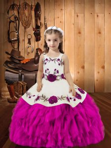 Fuchsia Straps Neckline Beading and Ruffles Little Girls Pageant Dress Wholesale Sleeveless Lace Up