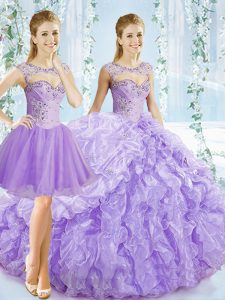 Lavender Ball Gowns Sweetheart Sleeveless Organza Brush Train Lace Up Beading and Ruching and Pick Ups Quinceanera Dress