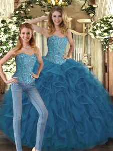 Suitable Tulle Sweetheart Sleeveless Lace Up Beading and Ruffles Sweet 16 Dresses in Teal