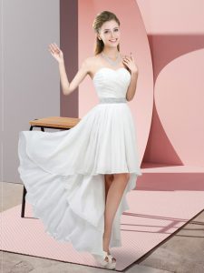 White A-line Sweetheart Sleeveless Chiffon High Low Lace Up Beading Bridesmaid Dress