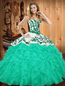 Hot Sale Turquoise Ball Gowns Satin and Organza Sweetheart Sleeveless Embroidery and Ruffles Floor Length Lace Up 15 Qui