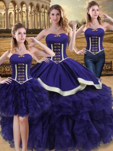 Elegant Purple Three Pieces Organza Sweetheart Sleeveless Beading and Ruffles Floor Length Lace Up Quinceanera Gowns