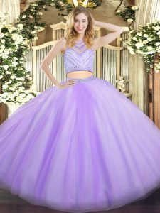 High Quality Lavender Zipper Quince Ball Gowns Beading Sleeveless Floor Length