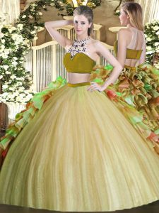 Olive Green Bateau Backless Beading and Ruffles 15 Quinceanera Dress Sleeveless