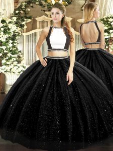 Custom Fit Black Tulle Backless Halter Top Sleeveless Floor Length 15 Quinceanera Dress Ruching