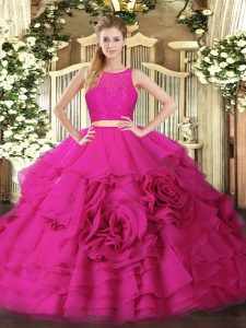 Most Popular Hot Pink Sleeveless Floor Length Ruffles Zipper 15th Birthday Dress