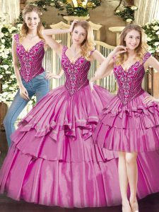 Pretty Fuchsia Sleeveless Beading and Ruffled Layers Floor Length Quinceanera Gowns