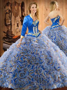 Multi-color Ball Gowns Sweetheart Sleeveless Satin and Fabric With Rolling Flowers With Train Sweep Train Lace Up Embroi