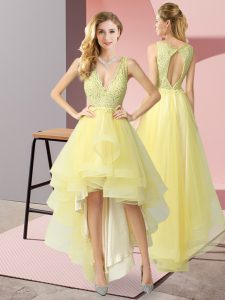 High Low Yellow Quinceanera Court Dresses Tulle Sleeveless Beading and Lace