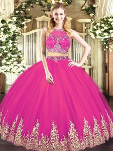 Fantastic Scoop Sleeveless Quince Ball Gowns Floor Length Beading and Appliques Hot Pink Tulle