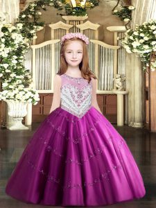 Fuchsia Scoop Zipper Beading and Appliques Pageant Gowns For Girls Sleeveless