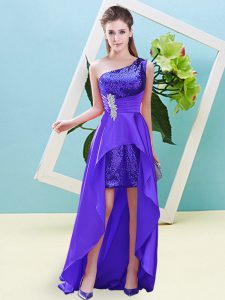 Great Purple One Shoulder Lace Up Beading Prom Evening Gown Sleeveless