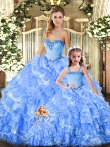 Baby Blue Lace Up Ball Gown Prom Dress Beading and Ruffles Sleeveless Floor Length