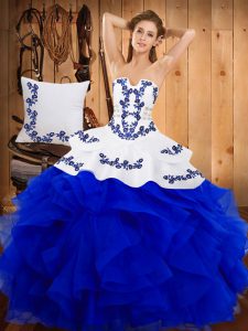 Blue Ball Gowns Embroidery Vestidos de Quinceanera Lace Up Satin and Organza Sleeveless Floor Length
