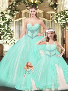Fabulous Aqua Blue Lace Up Quince Ball Gowns Beading Sleeveless Floor Length