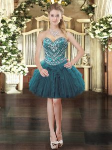 Extravagant Organza Sweetheart Sleeveless Lace Up Beading and Ruffles Prom Dress in Teal