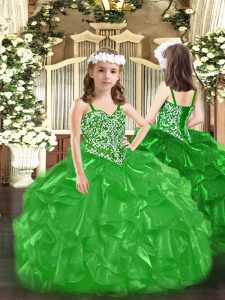 Green Sleeveless Floor Length Beading and Ruffles Lace Up High School Pageant Dress
