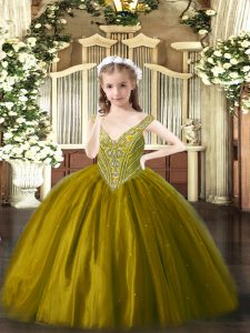 Floor Length Lace Up Kids Pageant Dress Brown for Party and Quinceanera with Beading