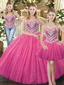 Hot Pink Lace Up Quinceanera Dress Beading Sleeveless Floor Length