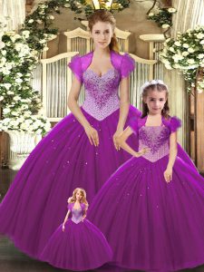 Fine Fuchsia Straps Neckline Beading Quinceanera Gowns Sleeveless Lace Up