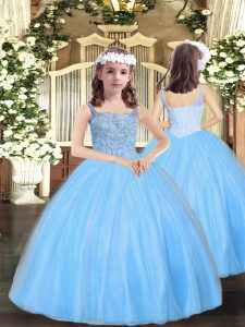 Baby Blue Straps Neckline Beading Kids Pageant Dress Sleeveless Lace Up