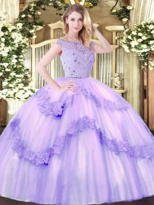 Best Selling Lavender Zipper Bateau Beading and Appliques Quinceanera Gown Tulle Sleeveless