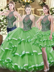Adorable Green Lace Up High-neck Beading and Ruffled Layers Quinceanera Gown Organza Sleeveless