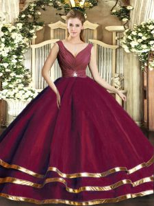 Fabulous Burgundy Sweet 16 Dresses Sweet 16 and Quinceanera with Beading and Ruffled Layers and Ruching V-neck Sleeveles