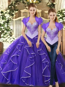 Romantic Tulle Straps Sleeveless Lace Up Beading and Ruffles Quinceanera Dress in Purple