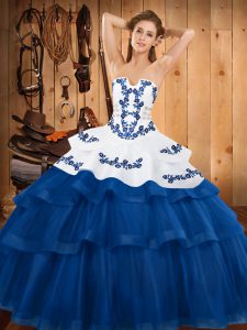Fancy Sweep Train Ball Gowns Quinceanera Gowns Blue Strapless Tulle Sleeveless Lace Up