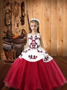 Sleeveless Floor Length Embroidery Lace Up Little Girls Pageant Gowns with Coral Red