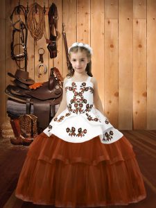 Dazzling Sleeveless Tulle Floor Length Lace Up Little Girls Pageant Dress in Brown with Embroidery