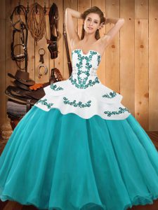 Edgy Teal Ball Gowns Embroidery Quinceanera Gown Lace Up Satin and Organza Sleeveless Floor Length